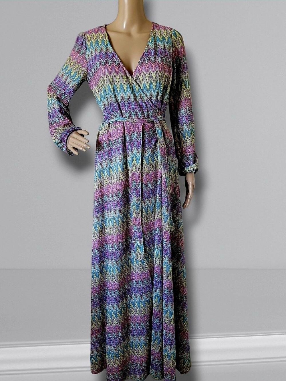 Missoni Chevron Maxi Dress Wrap Long Sleeve Chevron Zig Zag 38 XS Happy Pastels